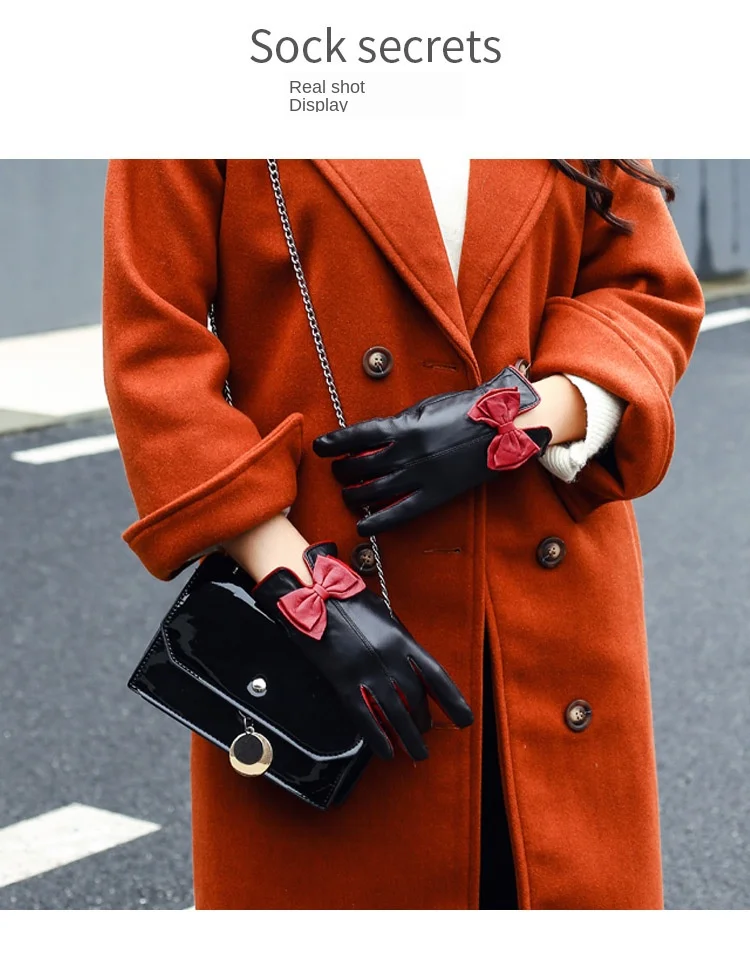 Перчатки женские Guantes из овечьей кожи с бантом стильные бархатные толстые теплые зимние варежки с сенсорным экраном ветрозащитные для езды на открытом воздухе G