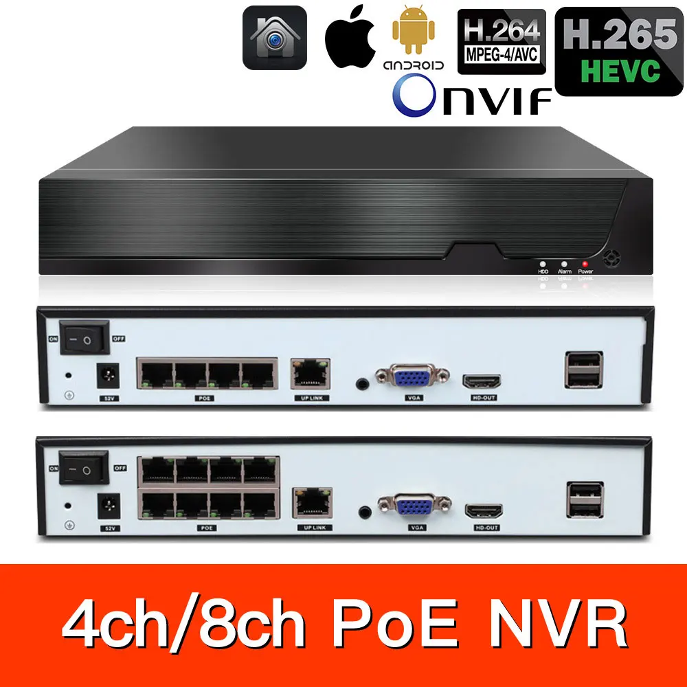 H.265 8ch * 5MP 4ch/8ch PoE grabadora de vídeo de rojo NVR PoE de vigilancia 4/8 canales párr HD vmeyesuper de IP Cámara PoE 802.3af ONV