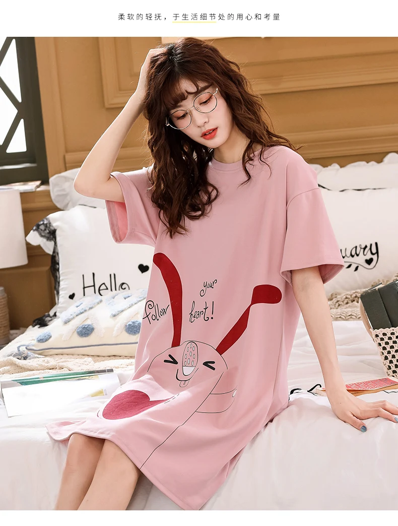 Girl New Short Sleeve Cartoon Printing Pink Night Gown Night Wear Fashion Style Casual Style Home Dress Sleep Dress Long Shirt