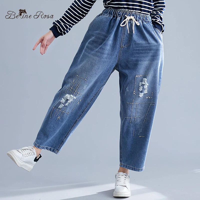 BelineRosa Plus Size Jeans Autumn Spring Loose Style Elastic High Waist Casual Denim Pants jeans feminino HL000019