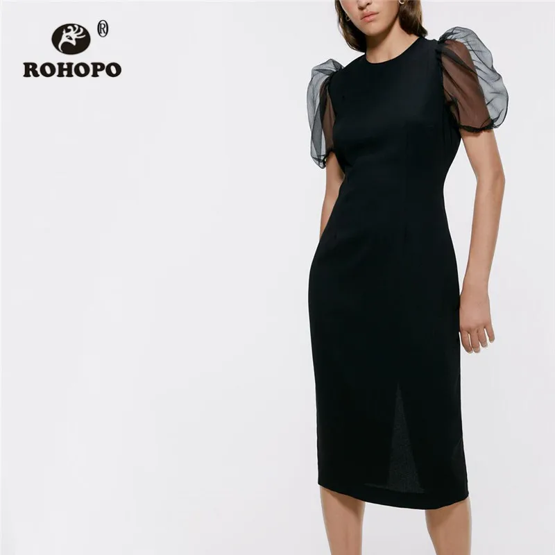 ROHOPO Tulle Puff рукав круглый воротник назад подол скольжения Bodycon черное женское