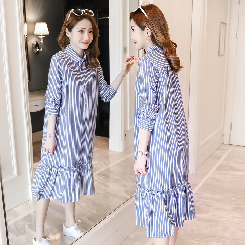 

Maternity Clothes 2019 Spring And Autumn New Style Large Size Dress-Style Stripes Fold-down Collar Mid-length Loose Maternity Dr