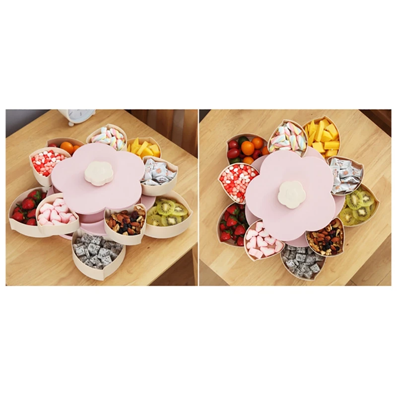 Лепестковая форма, вращающаяся коробка для закусок, поднос для конфет, коробка для хранения продуктов, свадебные конфетные тарелки, двухслойный сушеный органайзер для фруктов, розовый цвет