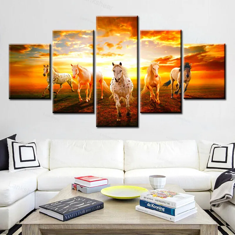 

5 Panels Canvas Paintings Wall Art for Living Room Decor Running Steed Pictures Modular Hd Prints Clouds Animal Horses Poster