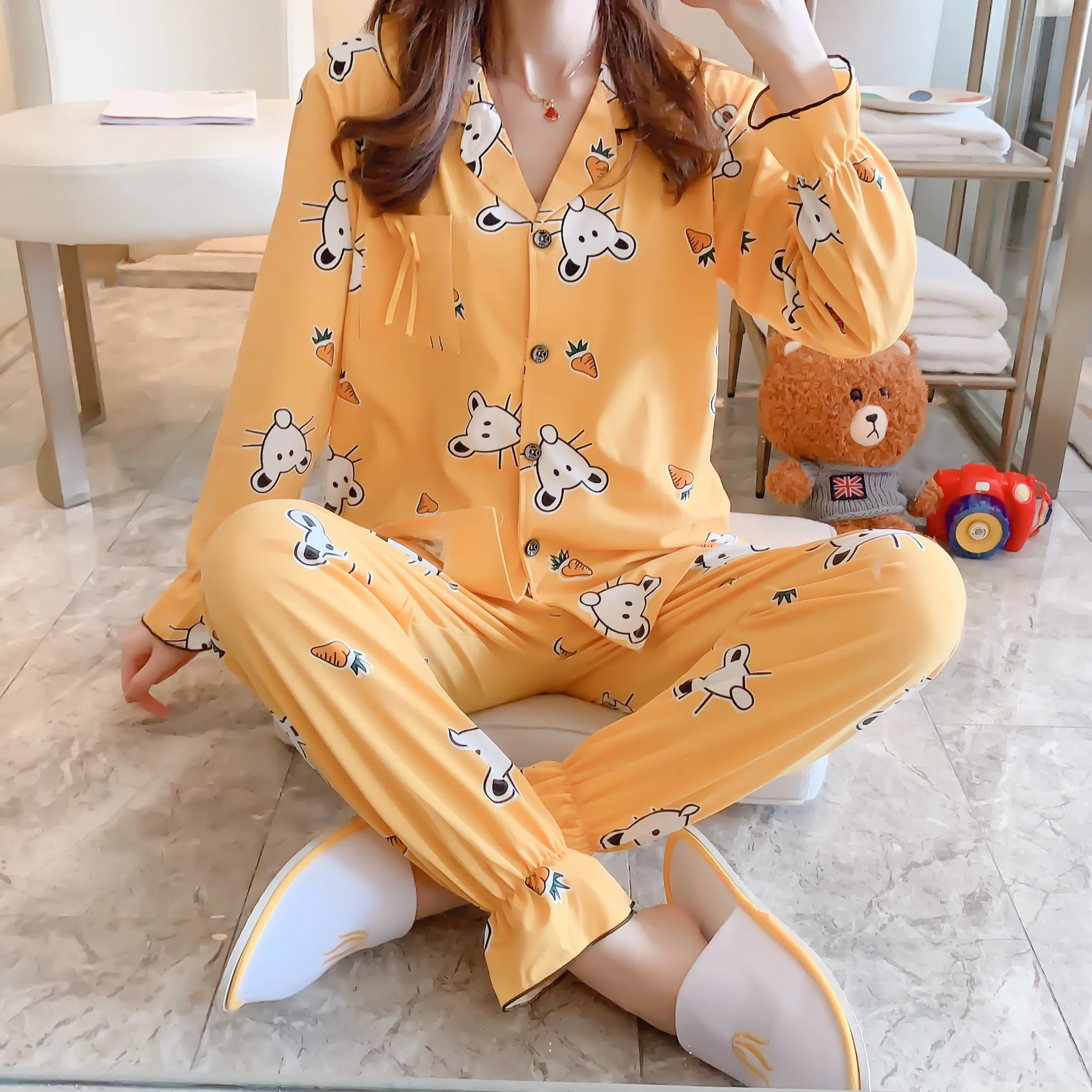 Пижамы для женщин с длинным рукавом в клетку в Корейском стиле розовый Kawaii пижамный комплект размера плюс женская домашняя одежда мягкая с отложным воротником