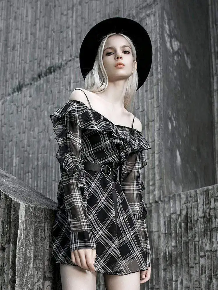 Панк Rave женские с открытыми плечами Ruched плед платья поясом PQ 706LQ|Платья| |