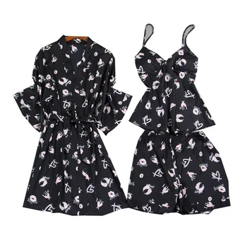 

2020 New 3 PCS Women Pajamas Sets with Pants Sexy Pyjama Satin Flower Print Nightwear Silk Negligee Sleepwear Pyjama