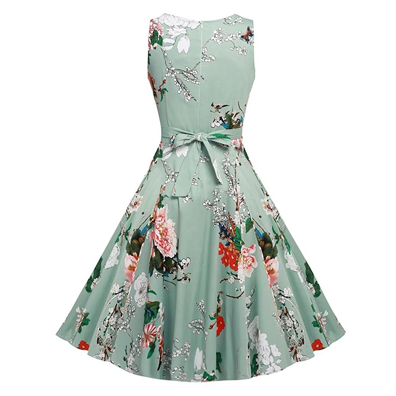 Kostlish Cotton Summer Dress Women 2017 Sleeveless Tunic 50s Vintage Dress Belt Elegant Print Rockabilly Party Dresses Sundress (45)