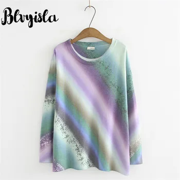 

Blvyisla Oversize Knitting Colored Printed Pullovers Fashion Chic Gradient Knitting Warm Bottom Sweaters Tops