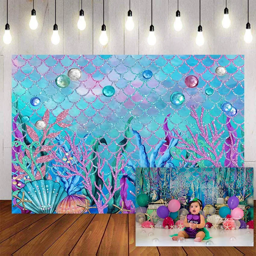 Backdrop Mermaid Fish Scale Glare Under The Sea Baby Shower Birthday Party Banner Background Custom Photography Studio Background Aliexpress