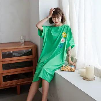 

Autumn Korean Style Long T-Shirt Smiley Face Daisy Plus Size Nightdress Summer Ladies Short-Sleeved 100% Cotton Loose Sleepwear