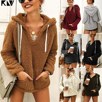 

KLV Women Autumn Winter Soft Fleece Sherpa Front Pocket Outerwear Tops Hoodies Hooded Fluffy Ladies Sweatshirt