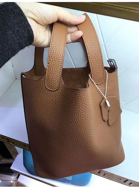 22cm Взрывная кожаная женская сумка корзина для овощей 18 см 22 см первый слой кожаная сумка простая зернистая сумка-ведро личи - Цвет: 22cm