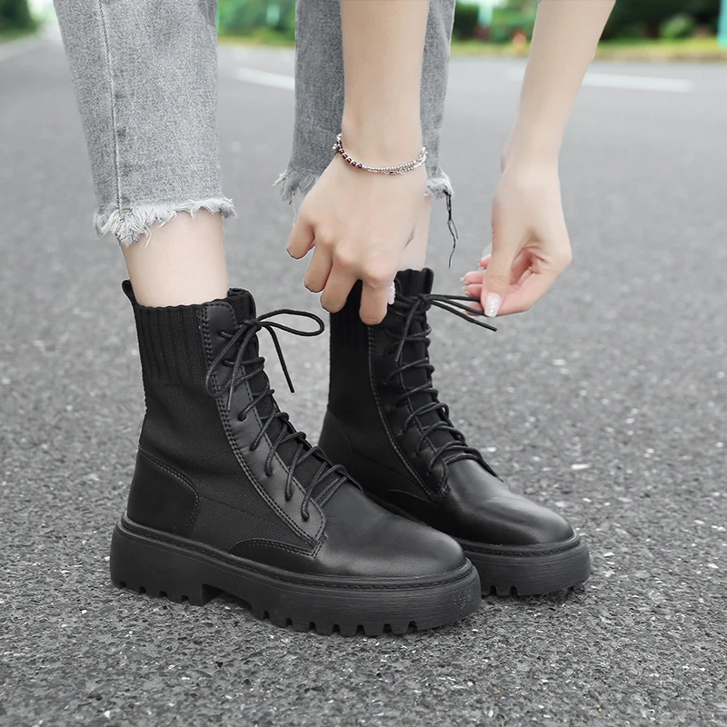 

Round Toe Rock Shoes Woman Autumn Boots Lace Up Booties Ladies Luxury Designer Martins Med Stockings Rubber Ankle 2019 Fashion