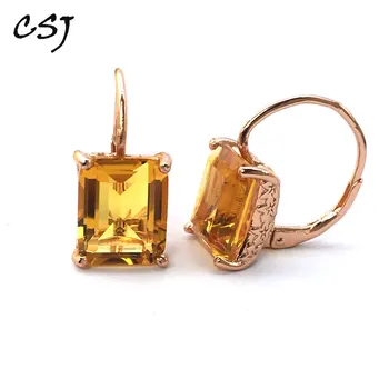 

CSJ Citrine quartz gemstone Earring Sterling 925 Silver octagon 9*11mm 8Ct Fine Jewelry For Women Lady or mother Party Gift Box