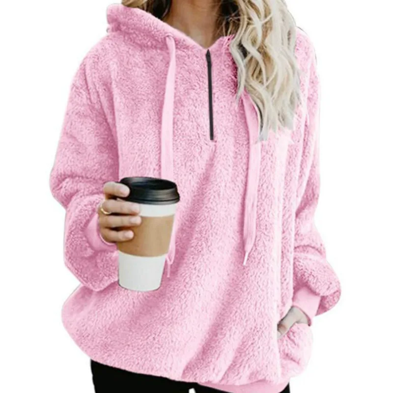 Женская зимняя толстовка с капюшоном Pull Femme Teddy Hoody Top на молнии свободный стиль уличная пушистая пуловеры плюс Размер Женская - Цвет: Pink