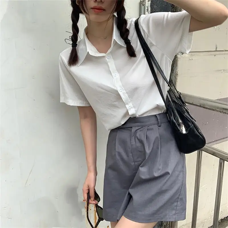 Женские рубашки Ulzzang японские кавайные дамские винтажные свободные однотонные в