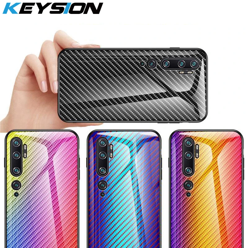 KEYSION Tempered Glass Case For Xiaomi Mi Note 10 Pro Gradient carbon fiber Back Cover for CC9 9 Lite |
