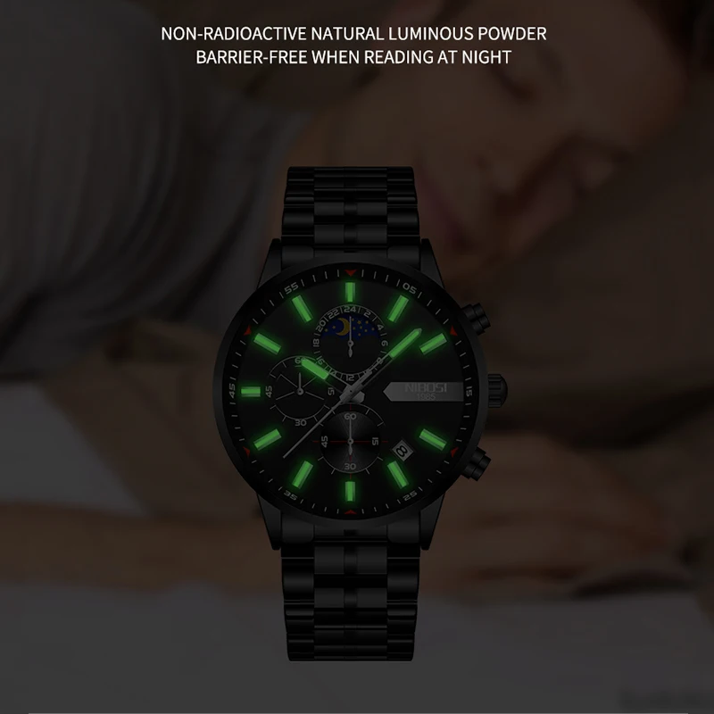 2021 New NIBOSI Brand Fashion Watch For Men Quartz Sports Stainless Steel Waterproof Chronograph Mens Watches Relogio Masculino