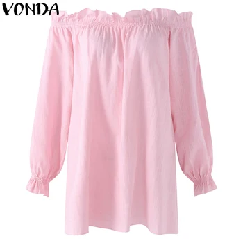 

VONDA 2020 Autumn Top Women Sexy Off Shoulder Cotton Shirts Ruffles Blusas Long Puff Sleeve Solid Casual Loose Blouse Plus Size