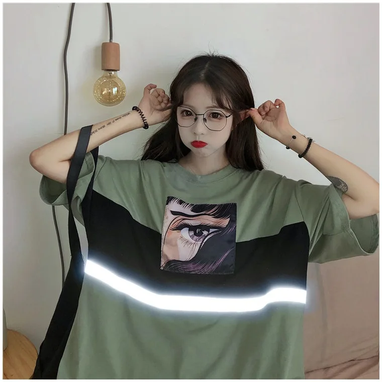 Harajuku женские футболки светоотражающий узор уличная футболка свободные футболки с коротким рукавом унисекс парная одежда Grunge Tumblr Топы