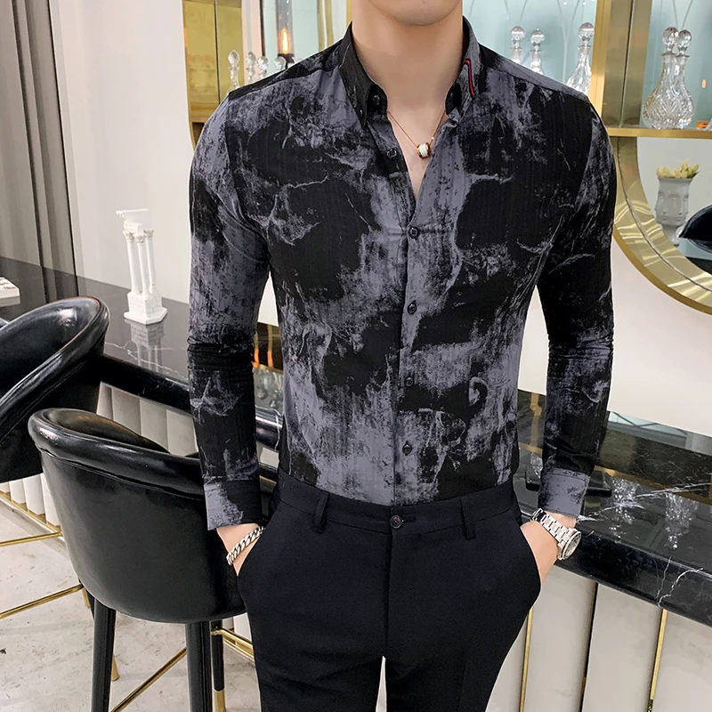 Чернильный галстук краситель Открытый воротник для мужчин Slim Fit с длинным рукавом платье рубашка Ootd