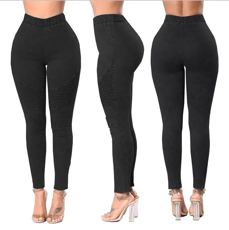 Autumn Winter Fitness Skinny Denim Jeans Women Casual Pencil Pants Pleated Stretch Elastic Waist Jean Bodycon Trousers S-XXL - Цвет: Black