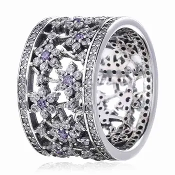 

New 925 Sterling Silver Ring Forget-me-not Flower With Crystal Rings Band For Women Wedding Party Gift Fine Jewelry