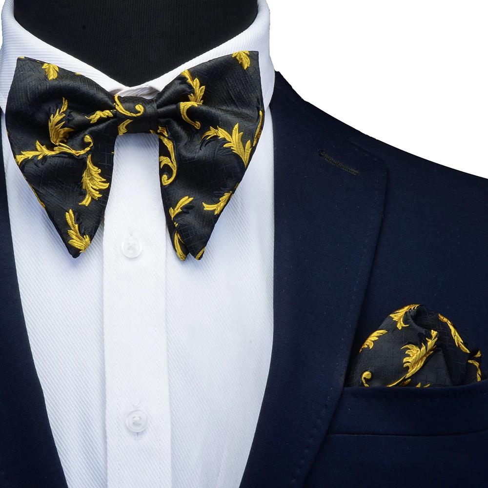 Ricnais Silk Big Bowtie Pocket Square Set Bule Red Floral Jacquard Slim Bow Tie Handkerchief Sets For Men Wedding Neck Ties