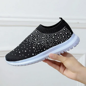 

Women Flats Sneakers Fashion Crystal Bling Sneakers Casual Slip On Sock Trainers Summer Women Vulcanize Shoe Zapatillas Mujer