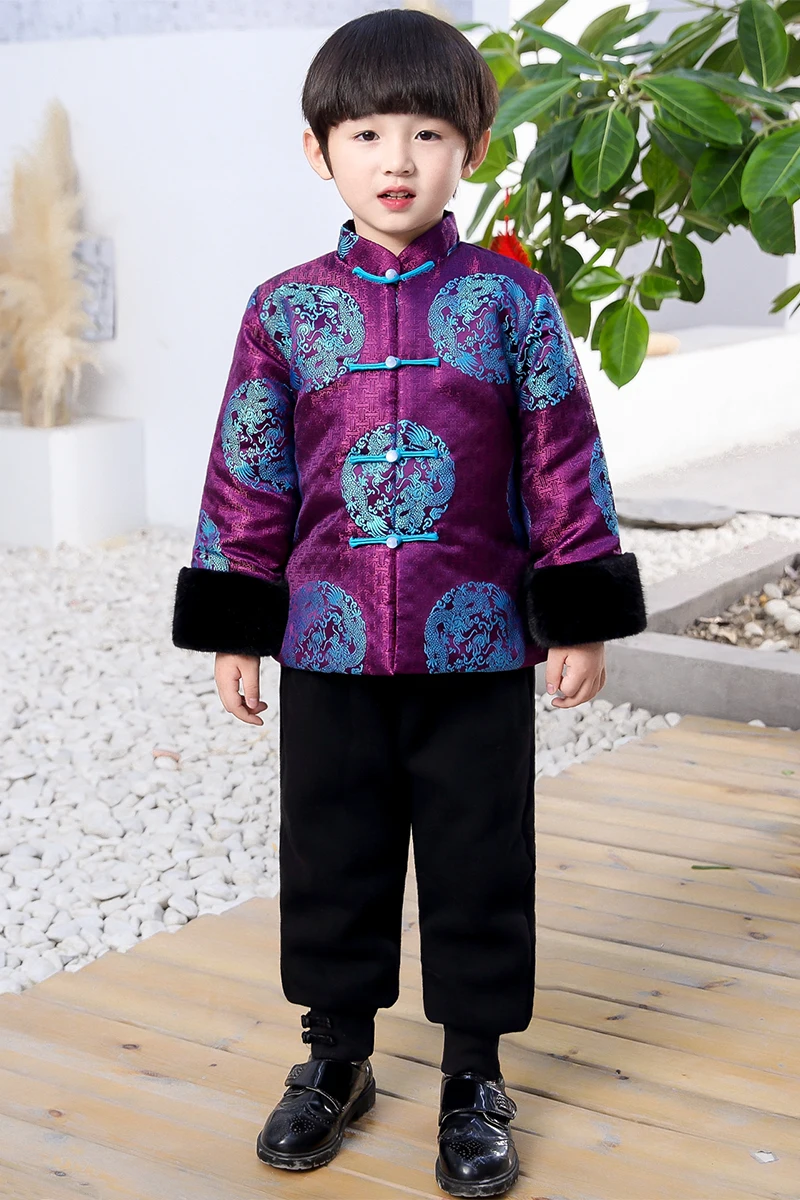 Tang/детский топ Cheongsam для мальчиков; Утепленные зимние костюмы Qipao из сатина; костюмы для малышей; свадебное китайское платье с длинными рукавами для девочек