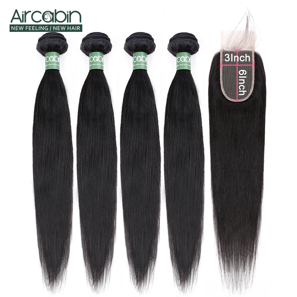 Hair-Bundles Closure Human-Hair Aircabin Natural-Color Straight Brazilian with 3x6 Lace