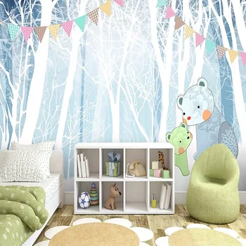 

Custom large mural 3D wallpaper Nordic modern cartoon animal birch forest baby bedroom mural TV back wall decor deep 5D embossed
