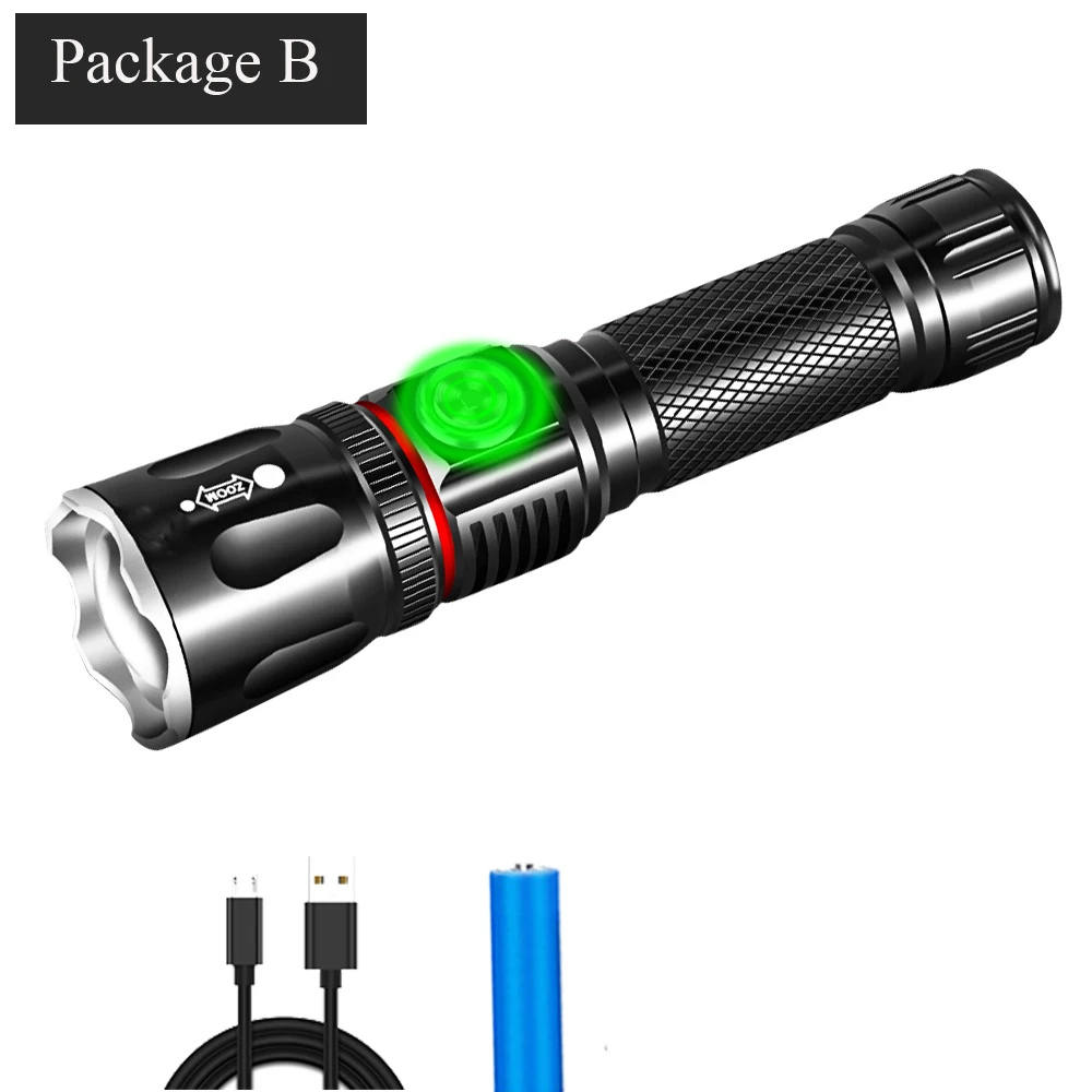 Package B T6/L2 супер яркий светодиодный светильник-вспышка с подзарядкой USB linterna, светодиодный фонарь с подсказками, масштабируемый велосипедный светильник 18650 для кемпинга - Испускаемый цвет: Package B