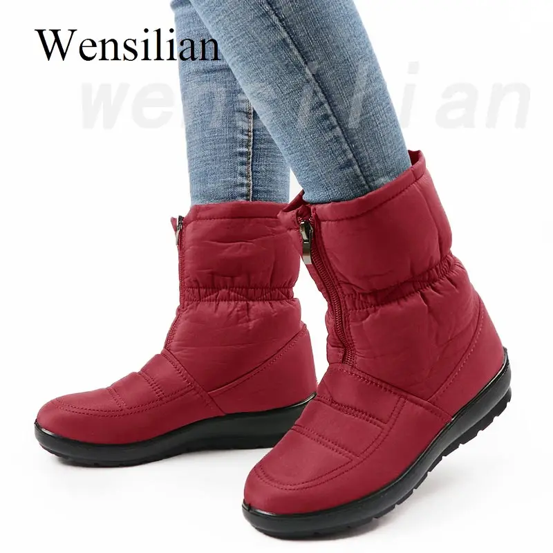 Зимние ботинки; женские ботильоны; теплые водонепроницаемые зимние ботинки с мехом внутри; обувь на платформе с молнией; красные ботинки; botas mujer invierno; - Цвет: red