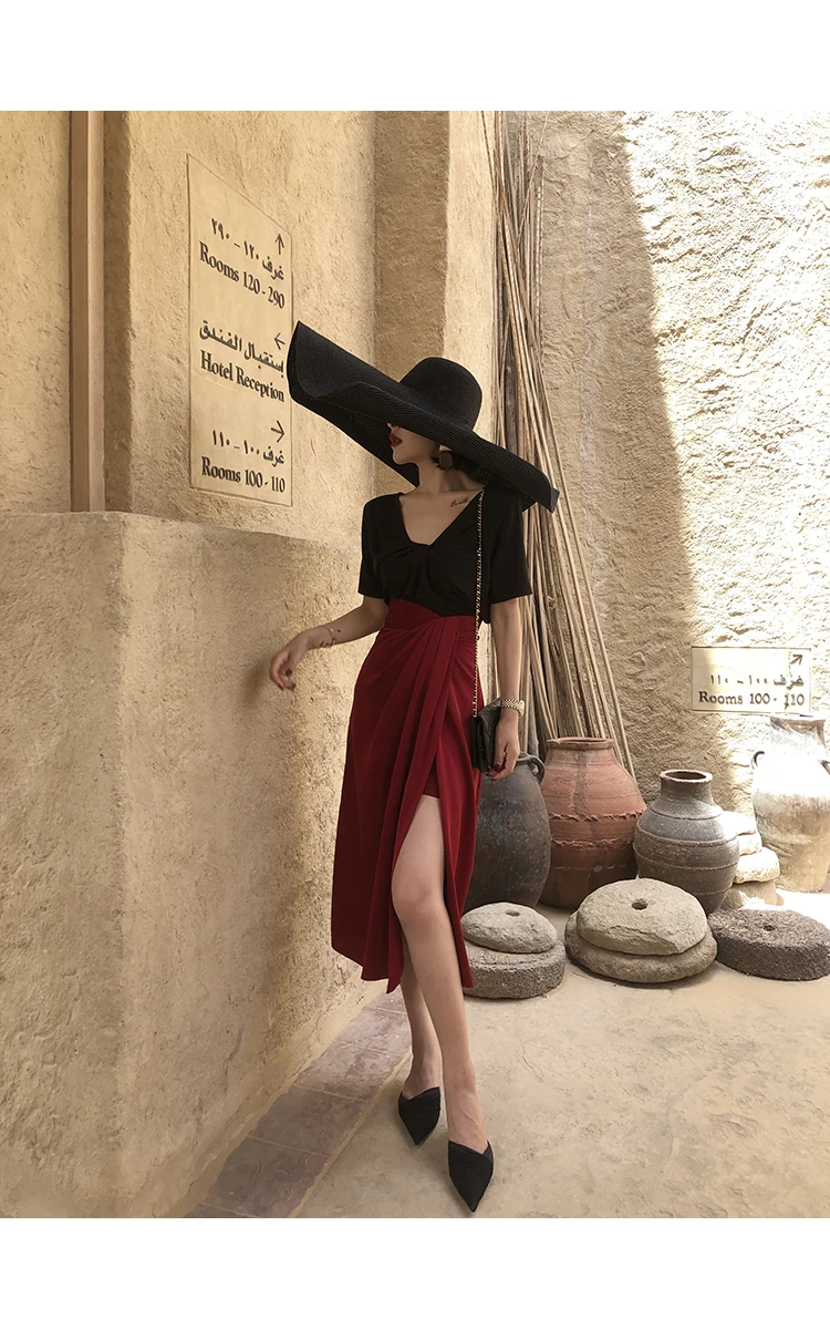 ALOHA STUDIO dew или одежда французский стиль восстановление древних способов сплит юбки женские чувство высокой талии нерегулярные миди