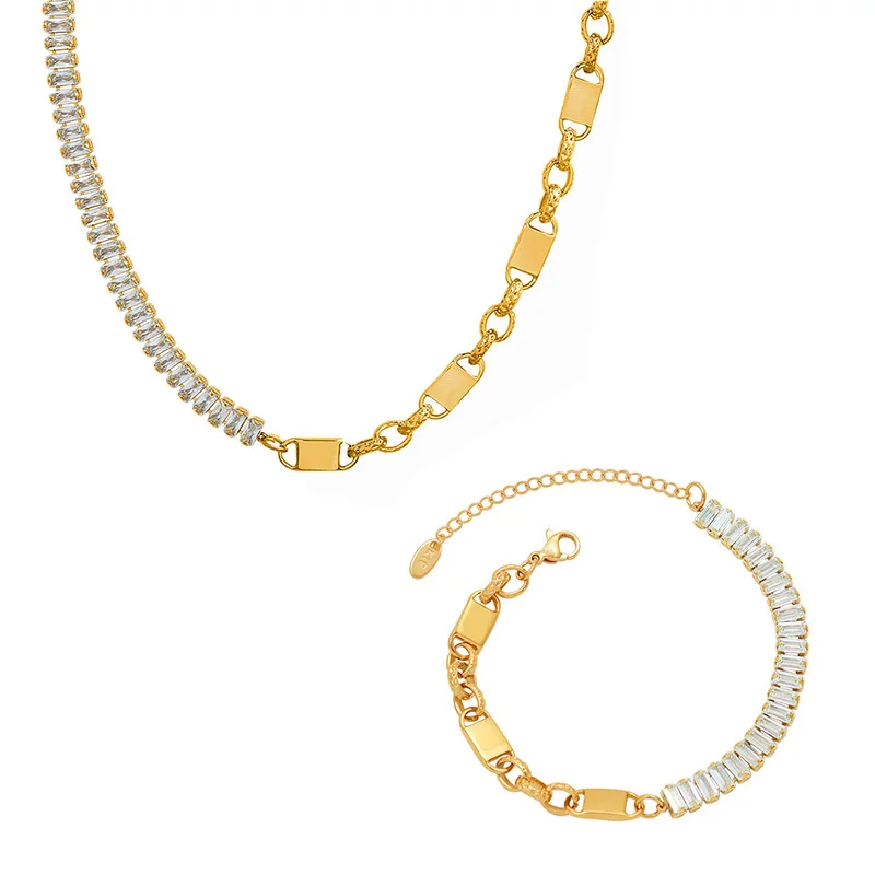 Stainless Steel Zircon Design Splicing Bracelet Necklace Set Plated Gold Accessories Minimalist Jewelry For Women 2021 Fashion | Украшения