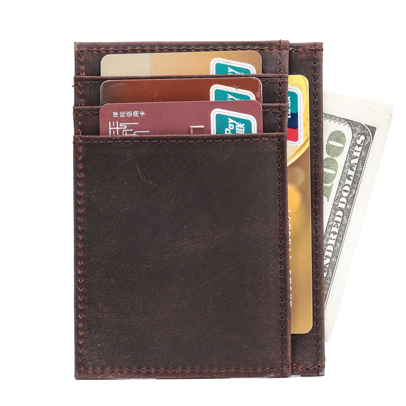 

Men RFID Blocking Slim Wallet Crazy Horse Genuine Leather Credit Card Case Small Money Clip Vintage Thin Minimalist Purse
