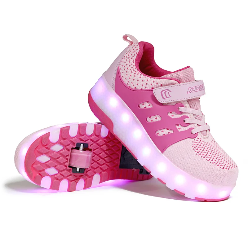 Детские светящиеся кроссовки с двумя колесами; цвет красный, розовый, синий; Светодиодный светильник; обувь для катания на роликах; детская обувь с подсветкой для мальчиков и девочек; Зарядка от usb
