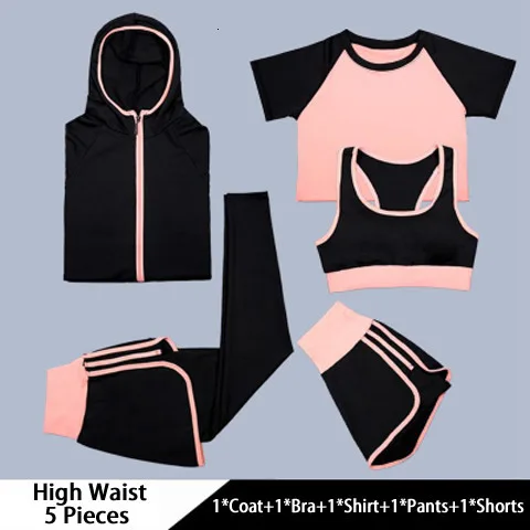 High waist pink 5 шт., комплект для йоги, спортивный костюм для фитнеса, спортзала, спортивная одежда, быстросохнущие спортивные костюмы для йоги, бега, бюстгальтер, штаны для бега, Xxxl - Цвет: High waist pink