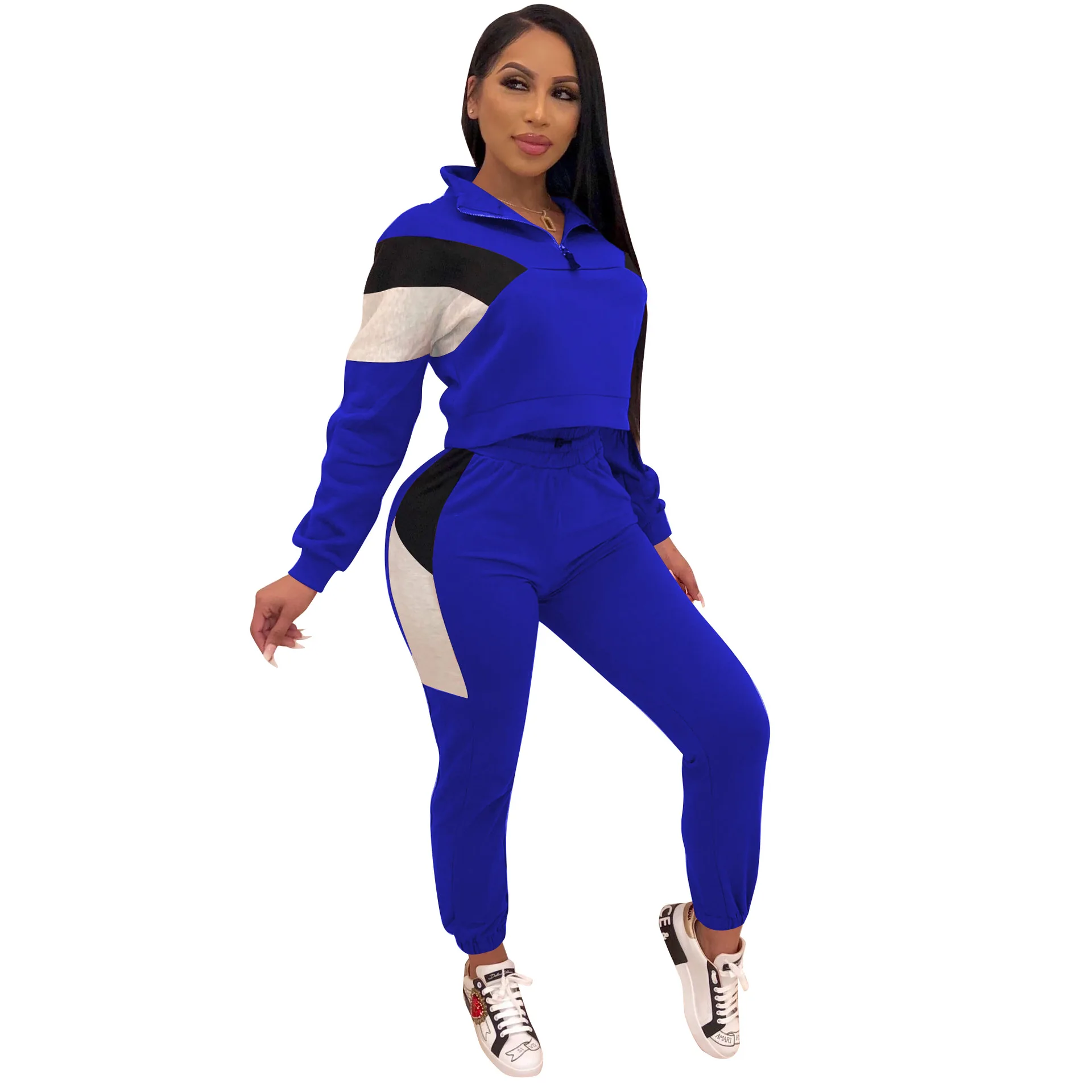Blue Спортивные комплекты из двух предметов, женская одежда с длинным рукавом на молнии, укороченные топы+ облегающие брюки размера плюс, осенняя одежда - Цвет: Blue