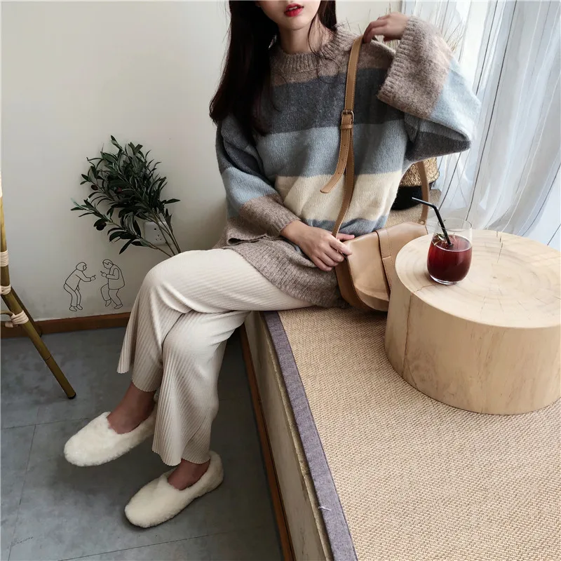 Женские весенне-осенние модные брендовые вязаные свитера Ulzzang в полоску в Корейском стиле, женские повседневные свободные пуловеры, Свитера