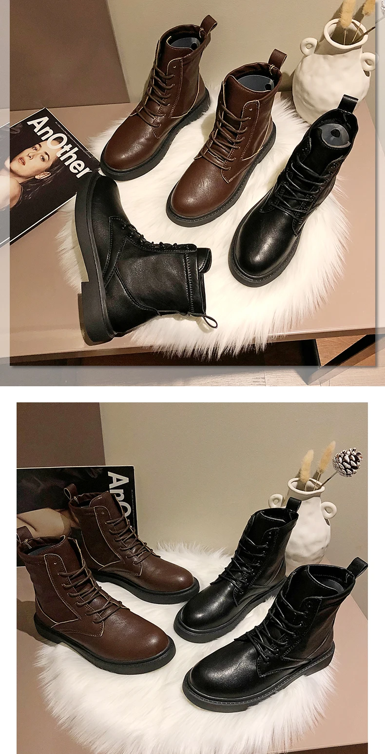 Lace Up Women's Leather Boots Flat Heel Round Toe Low Heels booties Booties Ladies Fashion Womens Shoes Boots-women Punk