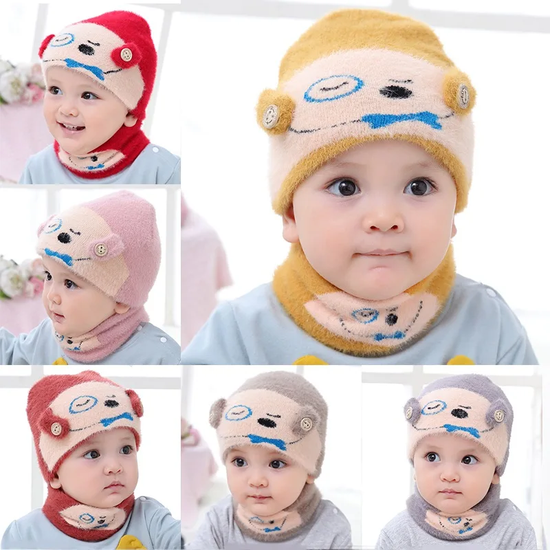 Детские шапки с принтом героев мультфильмов для мальчиков и девочек; зимние милые теплые вязаные шапки для новорожденных; шарфы с воротником;