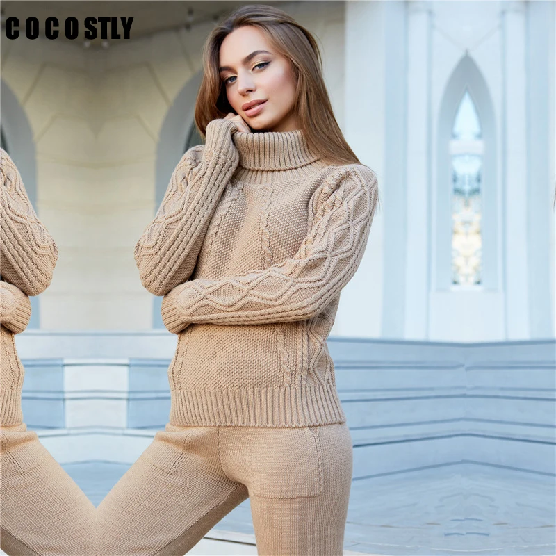 

Women Sweat Suit Set 2019 New Knit Set Two Pieces Set Women Wool Pulloveers And Pants Suit Female Turtleneck Tracksuit