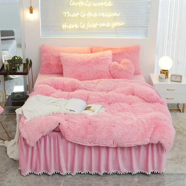 Luxury Pure Color Plush Shaggy Warm Fleece Girl Bedding Set Mink Velvet  Double Duvet Cover Set Bed Skirt Pillowcase Home Textile - Bedding Set -  AliExpress