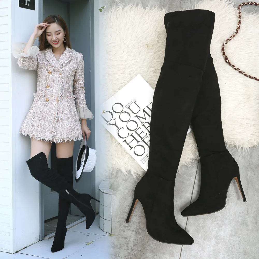 

Long Tube Boots Women Winter Stretchy Fabric High Boot Zip Pointed Toe Stylish Sexy Lady Stiletto Heel Shoes Over-the-Knee Warm