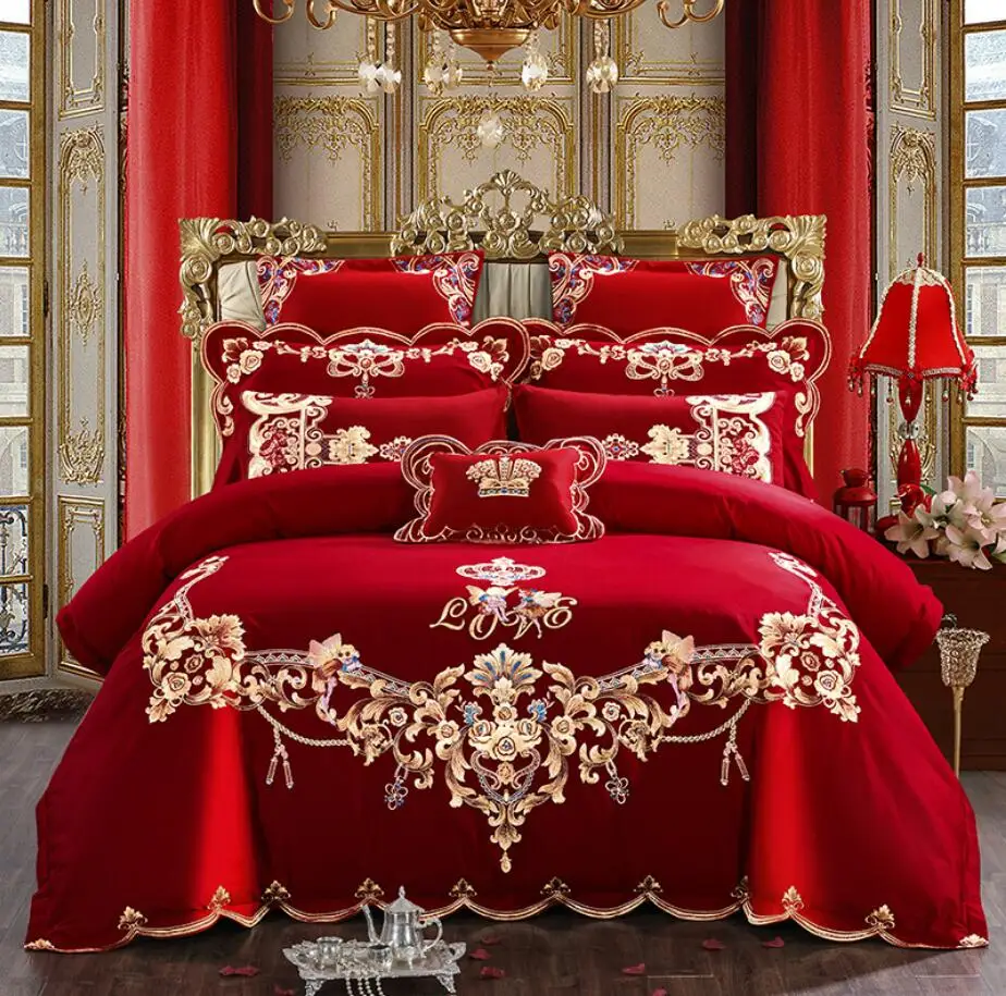 Red Chinese Style Wedding Embroidery Duvet Cover Bed Sheet Set Cotton