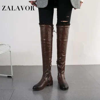 

ZALAVOR Size 34-48 New Arrival Cross Strap Over The Knee Boots Round Toe Flats Outdoor Office Shoes Woman Winter Warm Boots