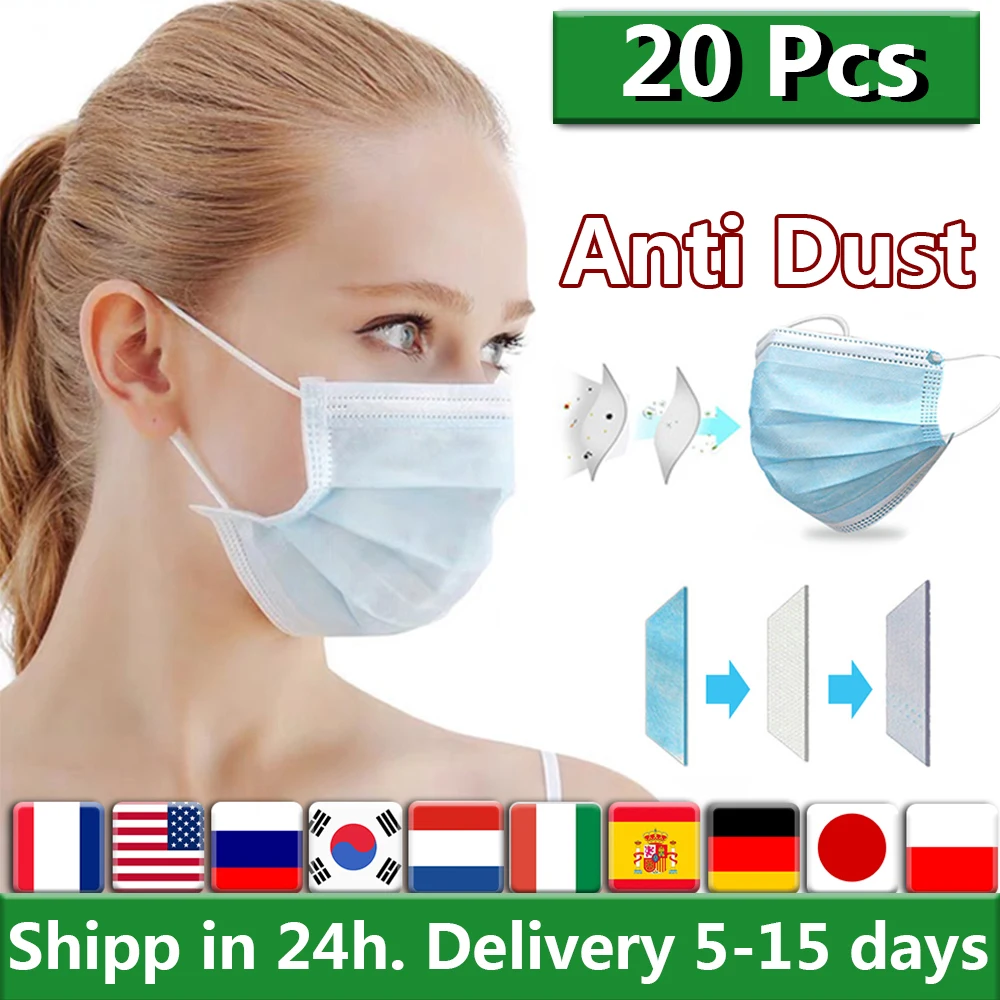 

20Pcs Face Masks Anti Dust Disposable Mouth Face Mask Non Woven Protective 3ply Filter Earloops Masks PM2.5 Anti Pollution